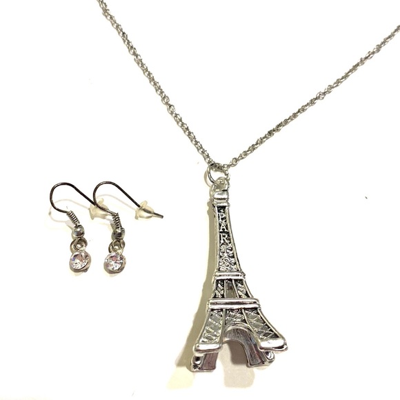Eiffel Tower Necklace Earrings Set Silver Tone - Picture 1 of 4
